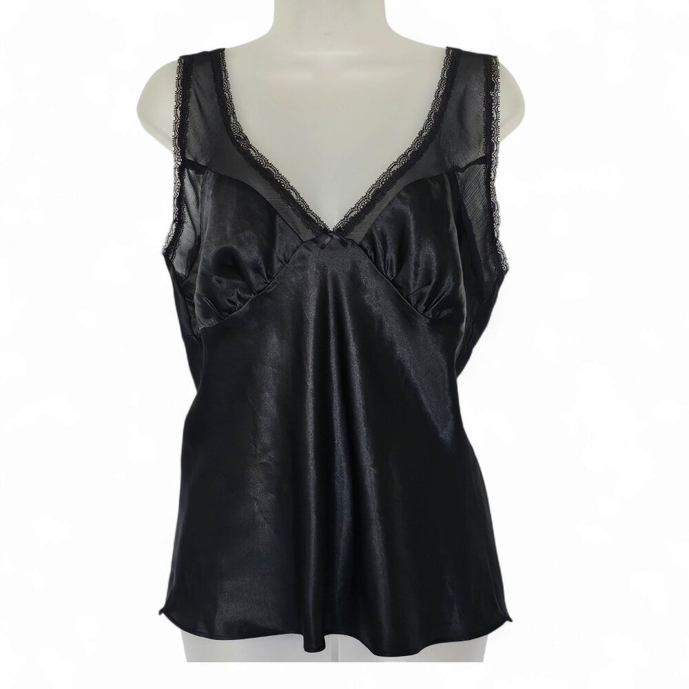 California Dynasty Black Satin Lace Camisole Babydoll Top Size M Whimsigoth 90s